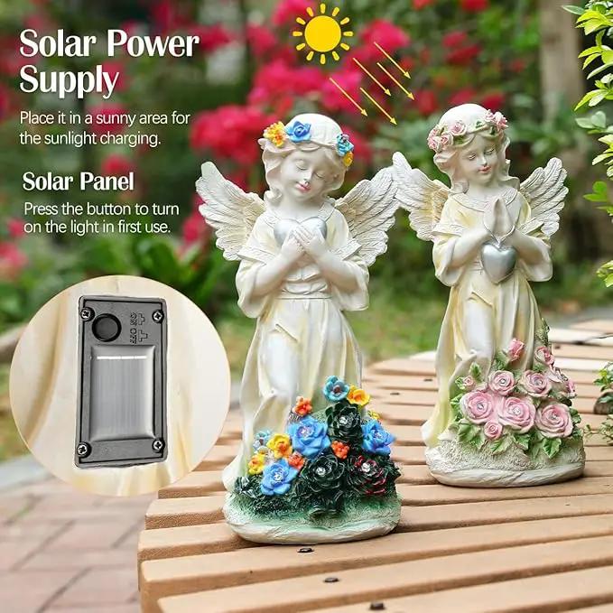 Angel Garden Statue 2Pcs,Love Heart Solar Garden Decor with Warm Light,Waterproof Praying Angel Statue with Flowers,Outdoor Garden Decor Sculpture for Lawn Yard Patio Garden Gifts,Apricot, photo 2 of 8