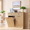 Modern Double Tilt-Out Trash Cabinet, 20 Gallon Fluted Laundry Hamper Cabinet with 2 Drawers, Wooden Hidden Garbage Can Cabinet with Storage Basket for Kitchen & Living Room, Natural Oak by CozyNest Decor