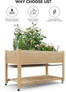 Raised Garden Bed with Legs and Wheels, Wooden Raised Planter Box with Storage Shelf, Protective Liner, Mobile Elevated Wood Planter for Backyard, Patio, Balcony Natural, 48"×24"×30" by GreenHaven Gardens