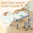 Multi Functional Kids Table and 2 Chairs Set, Graffiti & Building Blocks Double-Sided Tabletop, Toddler Play Table with Drawers, Large Storage Space, Gift for Boys/Girls, Gray by CozyNest Decor