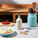 Sweejar 16 Oz Ceramic Olive Oil Dispenser Bottle, Oil Dispenser for Kitchen with Gravity Spout, Relief Opaque Oil Container for Evoo, Avocado Oil, Vinegar, Soy Sauce, 1 Pack(Beige, Silver Spout) by CozyNest Decor