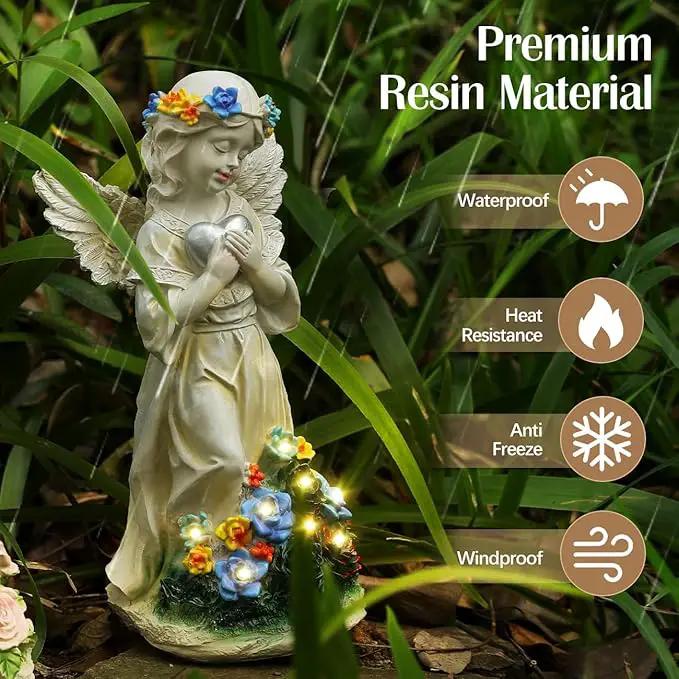 Angel Garden Statue 2Pcs,Love Heart Solar Garden Decor with Warm Light,Waterproof Praying Angel Statue with Flowers,Outdoor Garden Decor Sculpture for Lawn Yard Patio Garden Gifts,Apricot, photo 4 of 8