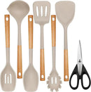 QMVESS Silicone Cooking Utensils Set, Kitchen Utensils Set 7 Pcs with Long Wooden Handle, Food Grade and Heat Resistant Large Silicone Spatula Set for Nonstick Cookware, BPA Free（Khaki） by CozyNest Decor