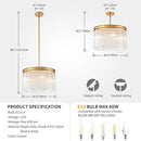 4-Lights Drum Glass Chandelier, Modern Style Light Fixture for Dining Room, Bedroom, Ripple Glass Shade & Brass Finish, D16.5 * H18~48 inch (Adjustable Height) by CozyNest Decor