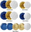 Navy-Blue Gold Party-Decorations Paper-Flowers Lanterns - 15PCS Royal White Baby Bridal Shower Tissue Pom Poms Streamers, Bachelorette Birthday Wedding Graduation Hanging Supplies Decor Hugfond by CozyNest Decor