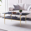 Rectangle Coffee Table for Living Room, Mid-Century Modern Design, L41 x W21 x H17, 2-Tier Structure, Clear Glass Top and Black Marble Wood Shelf, Conical Metal Legs with Gold Finish by CozyNest Decor