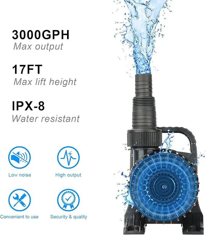 Outdoor 3000gph-155W 32.8FT Pond Water-fall & Kio Fish Fountain-s &Garden Pump Submersible IPX8: Long 32.8FT Cord Smart-er & Quieter Duck & Yard Ponds Pumps, 1 Barrier Pump Bag, photo 2 of 9