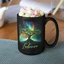 Custom Unique Name Coffee Cup, Customized Mystical Nature Inspired Mug 11oz 15oz, Personalized Enchanted Tree With Northern Lights Ceramic Cup, Nature Black Mug, Gift For Women Men by CozyNest Decor