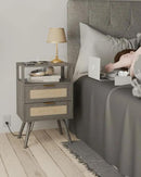 Rattan Nightstand with Charging Station,Modern Bedside Table with 2 Storage Drawer and Open Wood Shelf, for Bedroom and Small Spaces,Night Stand with Solid Wood Legs (Grey Oak) by CozyNest Decor