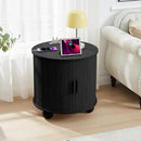 AVZEAR 24" Large Round End Table with Charging Station, Farmhouse Fluted Sofa Side Table with Sliding Tambour Door & Storage, Mid-Century Wood Nightstand for Living Room, Bedroom, Black by CozyNest Decor