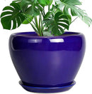 Ceramic Planter 10 Inch - Indoor Plant Pot for Plants with Drainage Hole and Saucer Large Planter Round Outdoor Flower Pot Mid-Century for House Patio Decor Blue by GreenHaven Gardens