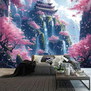 FENDROM Japanese Aesthetic Pink Cherry Blossom Tree Tapestry Building On Mountains Waterfall River Fairytale World Asian Art Tapestry for Bedroom Living Room by CozyNest Decor