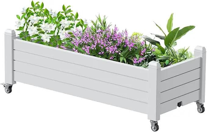 Horticulture Garden Bed, Divisible Resin Planter Box for Backyard, Patio, Balcony, with 4 Legs and 4 Swivel Lockable Wheels(Ashen,43.31 * 17.72 * 17.56)