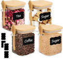 ComSaf 0.8 Qt Glass Jars with Bamboo Lids & Spoons Set of 4, Square Glass Containers with Lids, Sugar Coffee Containers Salt Spice Jars, Pantry Storage Container for Loose Tea, Candy, Brown Sugar, Nut by CozyNest Decor