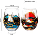 Artisanal Hand Painted Sunrise Glasses, Stemless Set of 2 Wine, Water & Whiskey Glasses - The Wine Savant - Crystal Tumblers - Gift Idea for Her, Him, Birthday, Housewarming - Large Goblets (18.5 OZ)