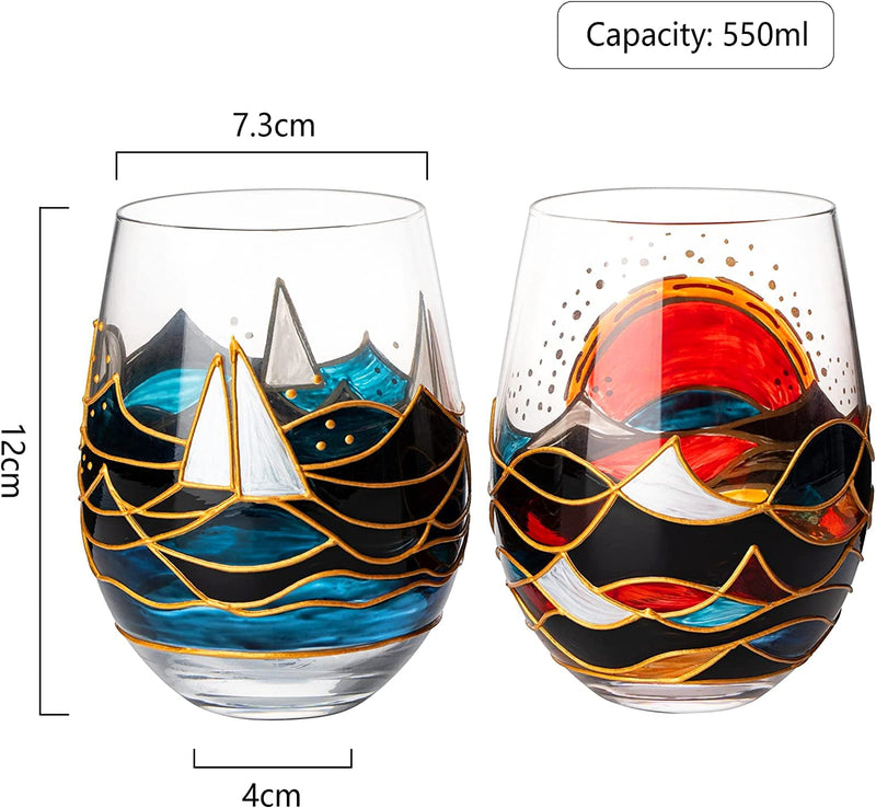 Artisanal Hand Painted Sunrise Glasses, Stemless Set of 2 Wine, Water & Whiskey Glasses - The Wine Savant - Crystal Tumblers - Gift Idea for Her, Him, Birthday, Housewarming - Large Goblets (18.5 OZ)