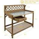 Garden Potting Bench with Metal Tabletop,Outdoor Potting Table Workstation Benches with Drawer/Storage Shelf，Fir Wood Potting Station Work Table with Open Shelf,Lattice Back (Brown) by GreenHaven Gardens