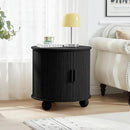 24" Large Fluted Round End Table with Charging Station, Farmhouse Cricle Sofa Side Table with Sliding Door and Storage, Rustic Curved Wood Nightstand for Living Room, Bedroom,Black by CozyNest Decor