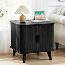 Farmhouse Square End Table with Charging Station, 24" Large Fluted Sofa Side Table with Sliding Tambour Door and Storage, Rustic Curved Wood Nightstand for Living Room, Bedroom, Black by CozyNest Decor