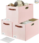 3-Pack Foldable Fabric Storage Bins with Durable PU & Metal Handles, Collapsible Storage Baskets for Shelves, Home Storage, Closet Organizers, Living Room(17"x11.8"x11.8", Pink) by CozyNest Decor