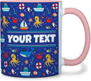 Personalized Mug for Kids - Nautical - Custom Name/Text, Ceramic Hot Chocolate/Cocoa/Coffee Cup for Boys/Girls, Birthday/Christmas/Holiday Gift - 11 oz, Pink Handle by TinyTreasures Baby Boutique