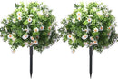 23.6" Artificial Boxwood Topiary Ball Trees with White Flowers, Set of 2 UV Resistant No Fade Outdoor Faux Plants with Ground Spike, Fake Shrubs for Garden, Patio, Porch, Yard, Indoor Decor by GreenHaven Gardens