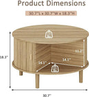 Round Coffee Table with Storage,Fluted Table with 360°Curved Sliding Doors,Solid Wood Legs, Mid Century Modern Center Table for Living Room,Apartment, Home Office,Oak,Natural by CozyNest Decor