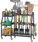 keomaisyto Garden Tool Organizer with 6 Wheels(3 lockable), Heavy Duty Yard Tool organizer with 2 Basket, Large Metal Garage Tool Organization and Storage for Garage/Shed/Yard/Broom Closet/Lawn by GreenHaven Gardens