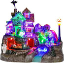 DREAM GARDEN Halloween Village Collection, Lighted Spooky Haunted House with Animated Train and Scary Sound Halloween Collectible Bulidings with Skull, Pumpkin, Ghost for Holiday Party Tabletop Decor by CozyNest Decor