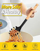 Silicone Pasta Fork and Ladle Spoon Set with Wooden Handle, Heat Resistant Non Stick Kitchen Utensils for Cooking, Stirring, Serving Spaghetti, Soup, Sauce(BLACK) by CozyNest Decor
