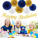 Navy-Blue Gold Birthday Party-Decorations Paper-Flowers - 14pcs Happy Banner Royal Lanterns Tissue Pom Poms,Men Streamers Garland Fans Honeycomb,Teen Boys Male Kids Hanging Supplies Decor Hugfond by CozyNest Decor