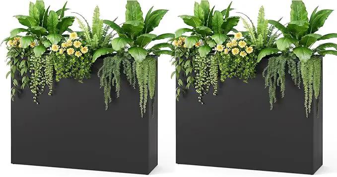Stoog 38" Metal Tall Rectangular Planters Set of 2 - All-Weather Planter Box for Indoor/Outdoor Use, with Removable Insert Shelf, for Plants, Flowers, Garden, Black