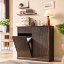 Modern Double Tilt-Out Trash Cabinet, 20 Gallon Fluted Laundry Hamper Cabinet with 2 Drawers, Wooden Hidden Garbage Can Cabinet w/Storage Basket,Free Standing for Kitchen & Living Room, Brown by CozyNest Decor