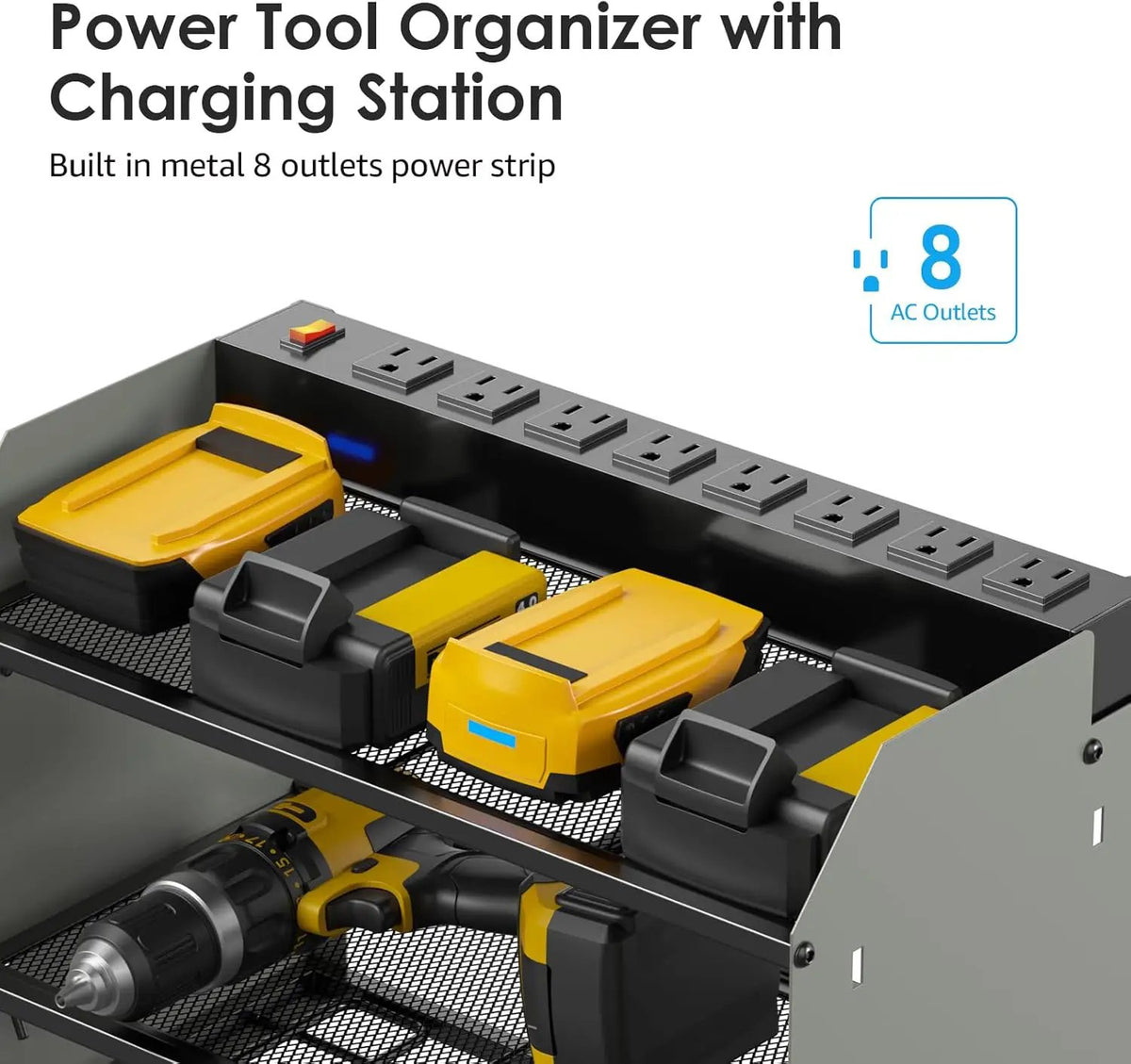 CCCEI Modular Power Tool Organizer Wall Mount with Charging Station. Garage 4 Drill Storage Shelf with Hooks, Drill Bit Heavy Duty Rack, Grey Tool Battery Holder Built in 8 Outlet Power Strip., photo 2 of 6