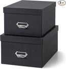 Soul & Lane Black Decorative Cardboard Storage Boxes with Lids, Set of 2 Stacking Keepsake Photo and Memory Boxes for Home & Office, Elegant Paperboard Organizers with Label Holders and Drawer Pulls by TinyTreasures Baby Boutique