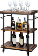 Bar Carts for The Home, Rolling Home Bar Serving Cart on Wheels, 3 Tier Portable Bar Cart, Rolling Coffee Cart with Lockable Wheels, Rustic Burnt Solid Wood and Industrial Matte Black Metal by CozyNest Decor