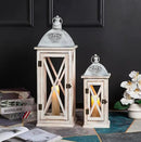 Set of 2 Large Farmhouse Wooden Metal Lanterns, Rustic Decorative Floor Candle Lanterns, Whitewash Distressed Hanging Lanterns for Home Decor (No Glass) by CozyNest Decor