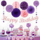 Purple Pink Birthday Party-Decorations Paper-Flowers - 14pcs Happy Banner Lavender Lanterns Tissue Pom Poms,Lilac Streamers Garland Fans Honeycomb,Women Girls Adult Kids Hanging Supplies Decor Hugfond by CozyNest Decor
