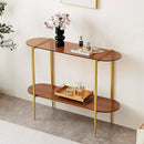 Oval Glass Console Table for Living Room, Foyer & Entrance, 2-Tiers Mid-Century Modern Sofa Table with Amber Glass Top, Walnut Finish Wood Top and Gold Finish Metal Frame by CozyNest Decor