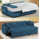 84 Inches Chenille Sectional Sofa w/Pull-Out Sofa Bed & Adjustable Back, Tufted L-Shaped Couch w/Storage Chaise, Sleeper Sectional Sofa w/USB Port & Cup Holders for Living Room, Blue by CozyNest Decor