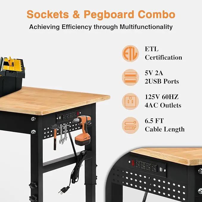 70" Adjustable Height Workbench, 2000 LBS Heavy Duty Work Table with Power Outlets & Pegboard, Rubber Wood Workstation for Garage, Workshop, Office, Home, Commercial, photo 2 of 7