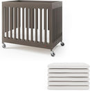 Foundations Boutique Folding Hotel Crib and Sheet Bundle - Includes Wooden Mini Crib with 3" Foam Mattress (Gray) and 6-Pack White Fitted Compact Sheets by TinyTreasures Baby Boutique