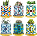 6 Pack Mandala Succulent Plant Pot with Bamboo Trays, Ceramic Multicolored Succulent Container Planter Pot for Small Plant by GreenHaven Gardens