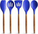 Zulay Kitchen Non-Stick Silicone Cooking Utensils Set with Acacia Wood Handles - 5 Piece Set - Heat Resistant to 464F - Dark Blue by CozyNest Decor