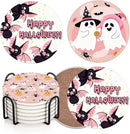 Coaster for Drinks Set of 6, Happy Halloween Cute Ghost Groovy Pink Absorbent Round Ceramic Stone Mat, with Cork Base and Metal Holder, Gift for Housewarming Room Bar Decor by CozyNest Decor