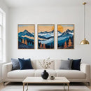 Blue Woodcut Mountain Framed Canvas Wall Art Set, Boho Abstract Ridge Wall Decor, Pine Tree Landscape Wall Painting, Sunrise Forest Art Print for Living Room, Bedroom, Office - 16"X24"X3 by CozyNest Decor