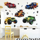 3D Racing Cars Wall Decals - Truck Bursting Through Wall, F1 Racing Cars Wall Stickers for Kids Room Boys Bedroom by CozyNest Decor