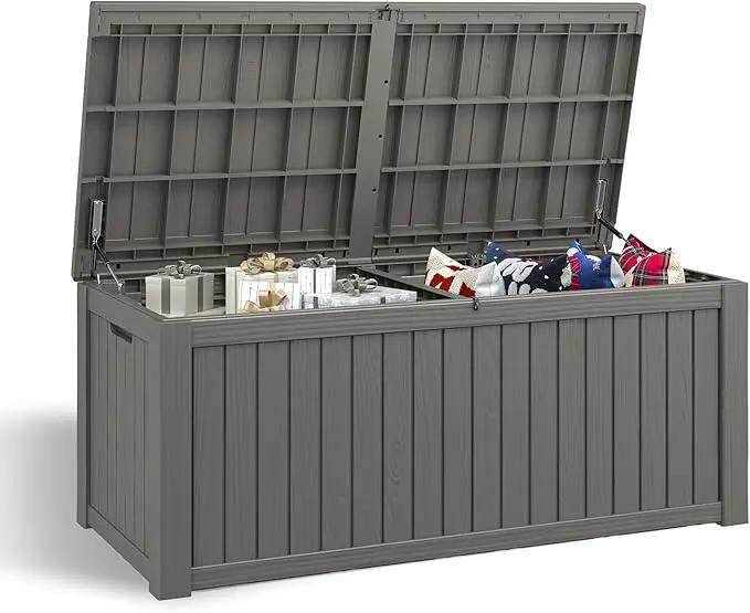 NUNU LAB 150 Gallon Outdoor Storage Box,Resin Large Sturdy Deck Box, Backyard Outside Storage Box Waterproof with Double Wall Panels,Package Delivery,Garden Outdoor Hose Bin
