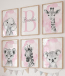 Safari Animals Set of 6 Unframed Poster Prints for Baby Girls Nursery Bedroom Playroom, Personalized Name, Choice of 12 Animals, Pink Purple (12x16) by TinyTreasures Baby Boutique