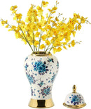 Ginger Jars for Home Decor, White and Gold Vase, Porcelain Ginger Jar Chinoiserie Blue and White Vase with Gold Trim and Floral Pattern, Ceramic Flower Vase for Home, Temple and Storage Jars(18in) by CozyNest Decor